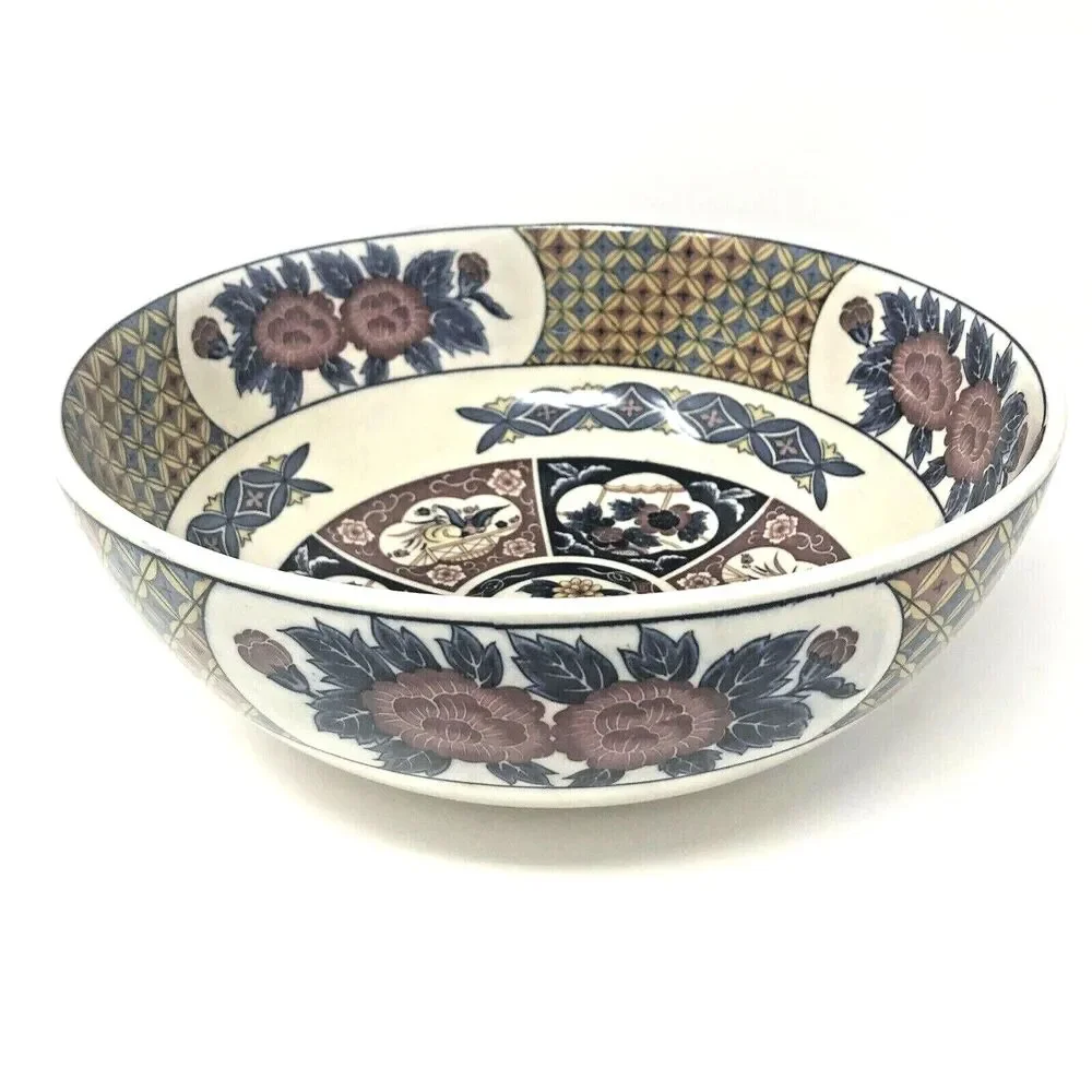 Japanese Arita Imari Bowl Blue Cream Gold Flowers Birds Vintage Porcelain 9 3/4